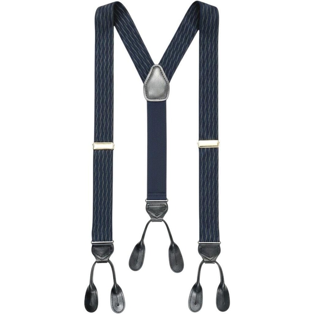 VTG CAS Germany Button End Suspenders Navy Tan Herringbone Leather Braces 50"‎